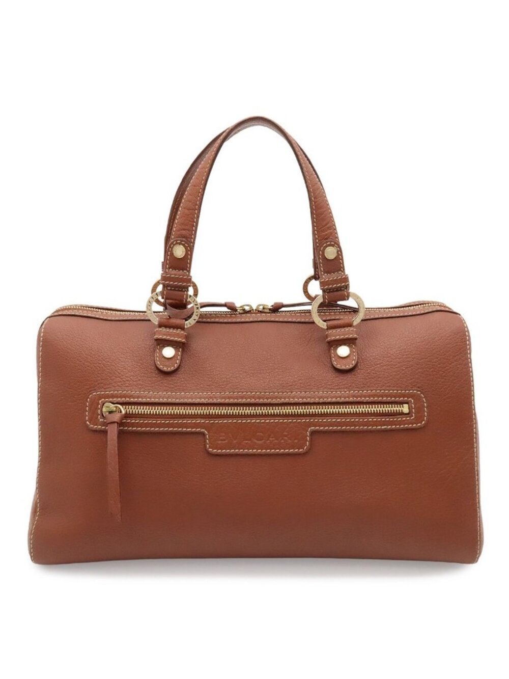Bvlgari Maxillettare Logo Mania Mini Boston Handbag Leather Brown Gold